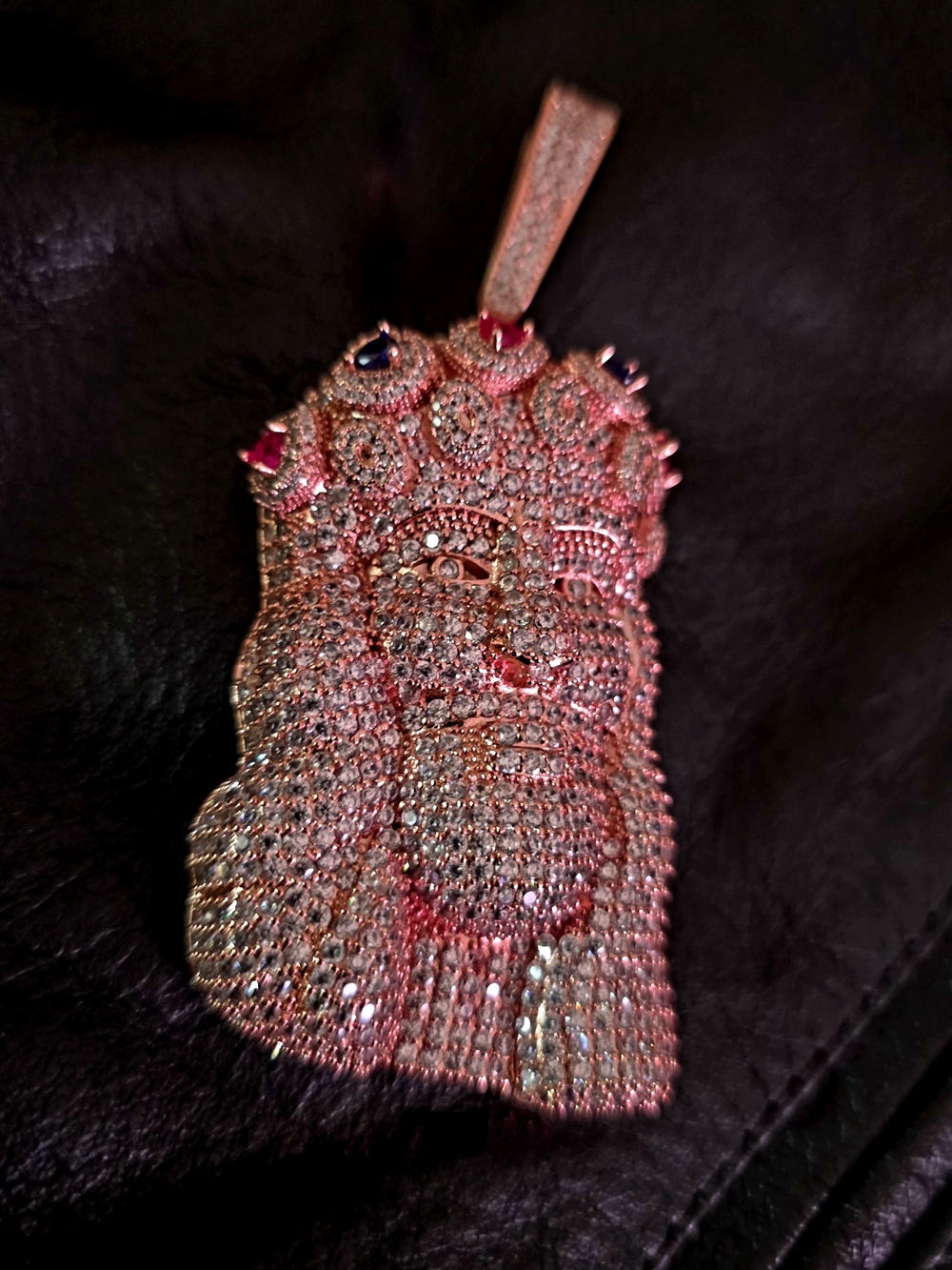 Rhinestone Jesus Piece Pendant - Pink and Gold Tone
